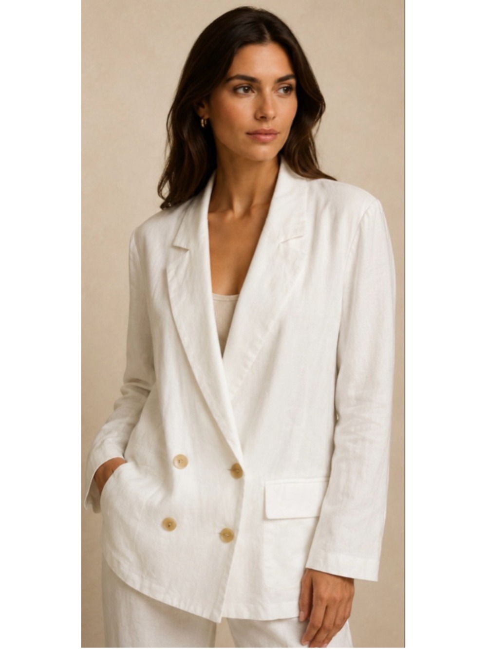 New Evereve White Linen Blend Double-Breasted Blazer M